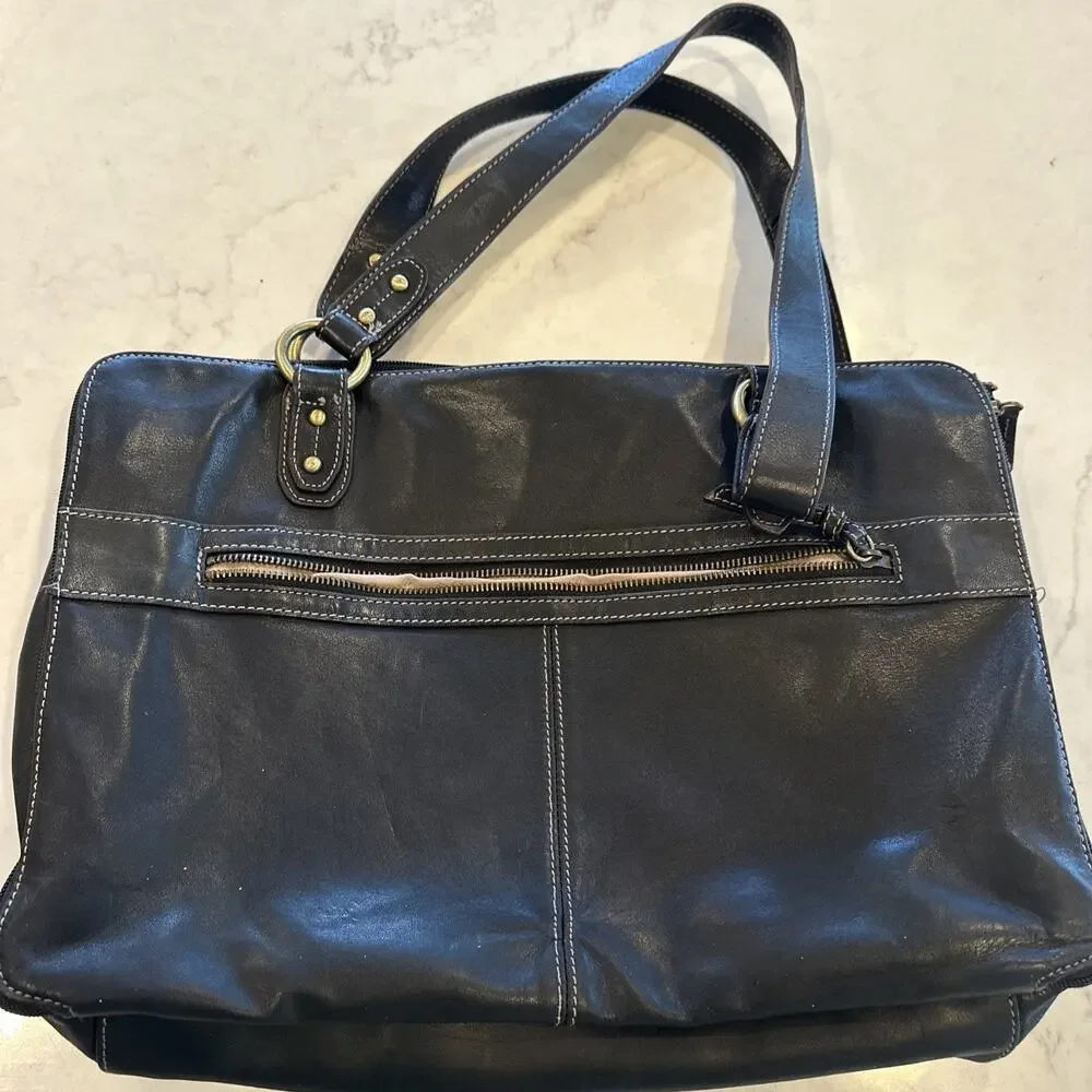 Tignanello Women’s Black Leather Stitched‎ Messenger Bag Purse Briefcase